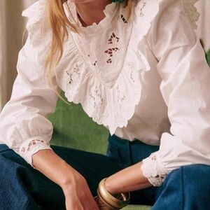 Sezane White Lace Ruffle Cotton Blouse